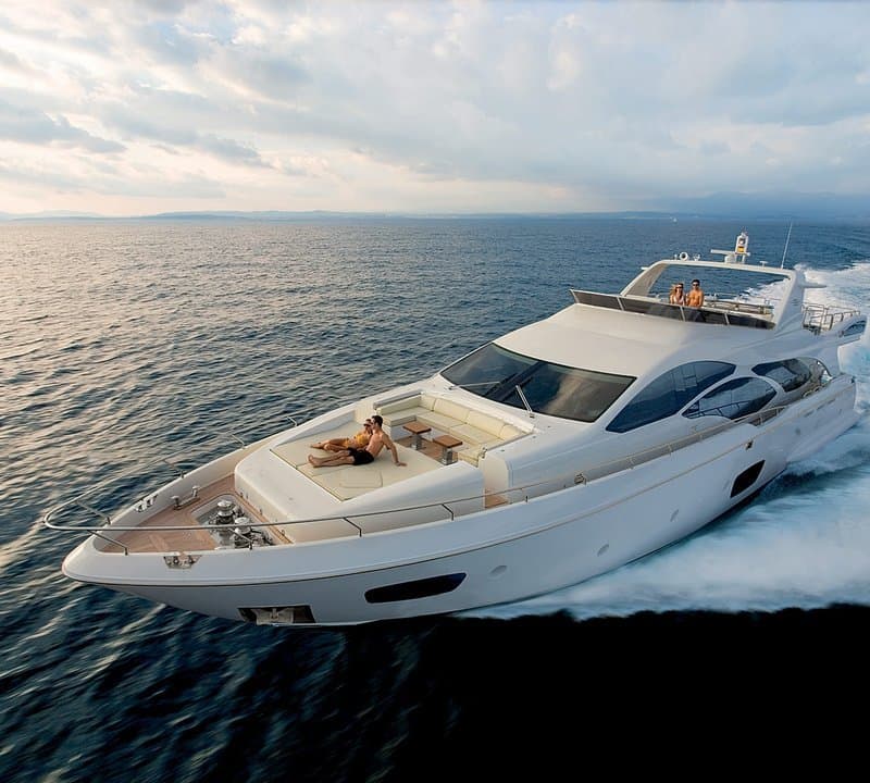 Aerial view of ANDREIKA 95ft Azimut yacht in Cabo with bow sunpad lounge
